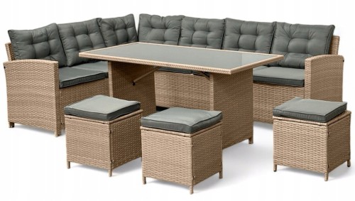 Narożnik ogrodowy technorattan + pufy i stolik Merida Naturalny