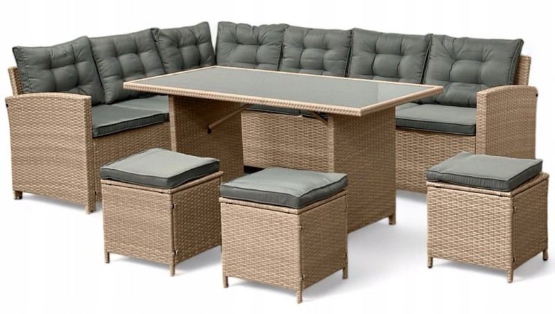 Narożnik ogrodowy technorattan + pufy i stolik Merida Naturalny