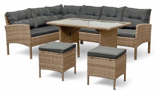 Narożnik ogrodowy z technorattanu Puerto BIG + stolik  i 2x pufy Naturalny