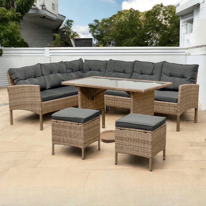 Narożnik ogrodowy z technorattanu Puerto BIG + stolik i 2x pufy Naturalny