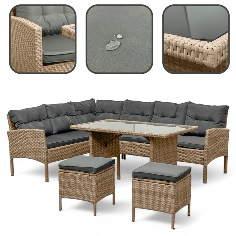 Narożnik ogrodowy z technorattanu Puerto BIG + stolik i 2x pufy Naturalny