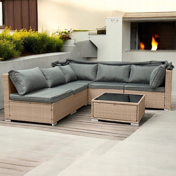 Zestaw ogrodowy wielofunkcyjny Elitar leżanka narożnik + stolik ze schowkiem NaturalnyZestaw ogrodowy wielofunkcyjny Elitar leżanka narożnik + stolik ze schowkiem Naturalny