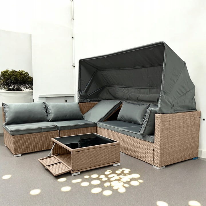 Zestaw ogrodowy wielofunkcyjny Elitar leżanka narożnik + stolik ze schowkiem Naturalny