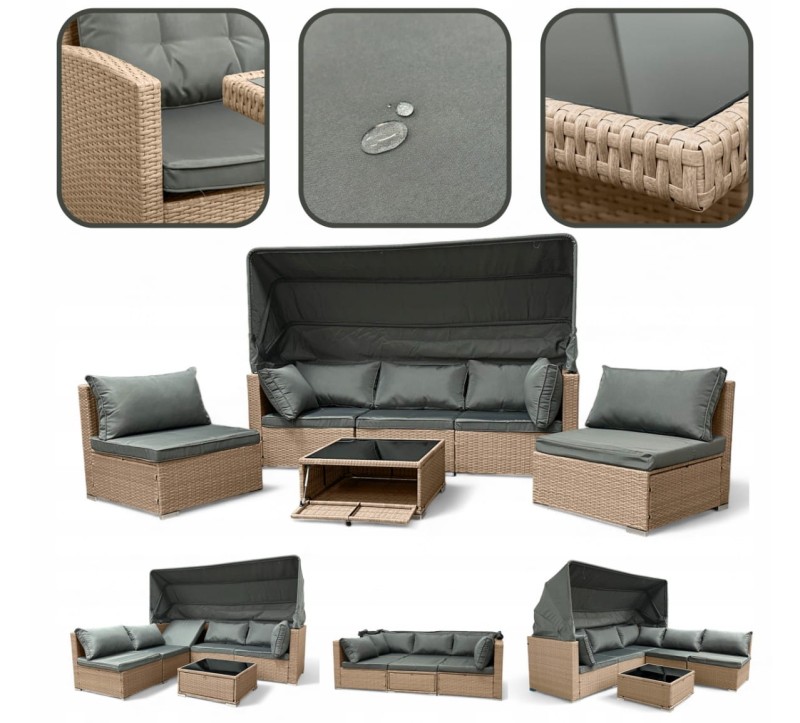 Zestaw ogrodowy wielofunkcyjny Elitar leżanka narożnik + stolik ze schowkiem Naturalny