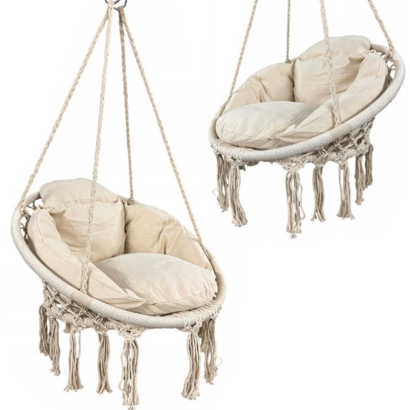 Fotel wiszący bocianie gniazdo huśtawka z miękką poduszką do domu i ogrodu beżowy