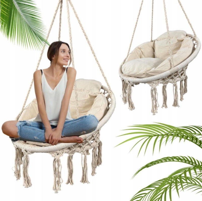 Fotel wiszący bocianie gniazdo huśtawka z miękką poduszką do domu i ogrodu beżowy