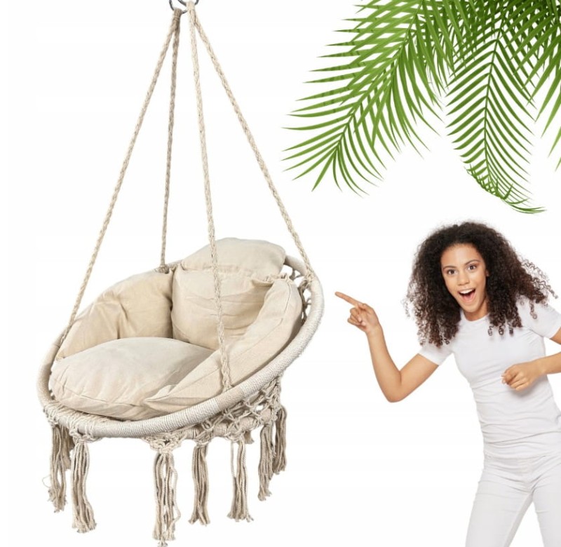 Fotel wiszący bocianie gniazdo huśtawka z miękką poduszką do domu i ogrodu beżowy