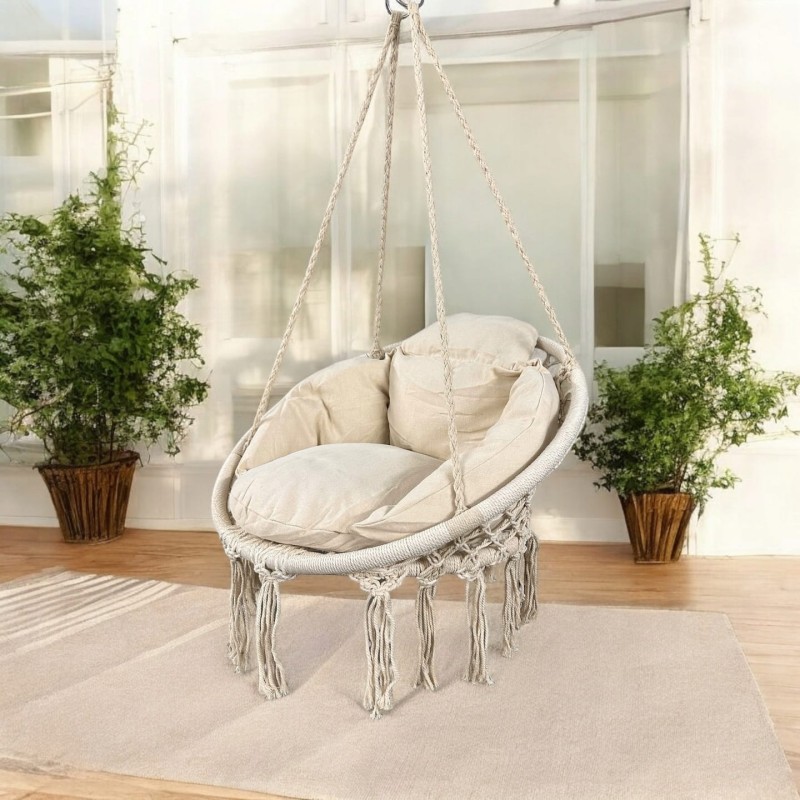 Fotel wiszący bocianie gniazdo huśtawka z miękką poduszką do domu i ogrodu beżowy