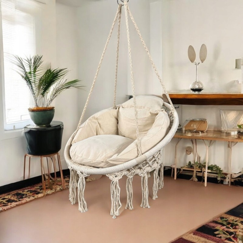 Fotel wiszący bocianie gniazdo huśtawka z miękką poduszką do domu i ogrodu beżowy