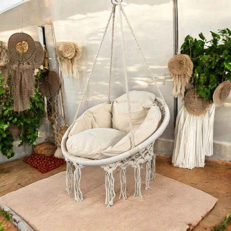 Fotel wiszący bocianie gniazdo huśtawka z miękką poduszką do domu i ogrodu beżowy