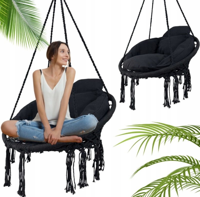Fotel wiszący bocianie gniazdo huśtawka z miękką poduszką do domu i ogrodu czarn