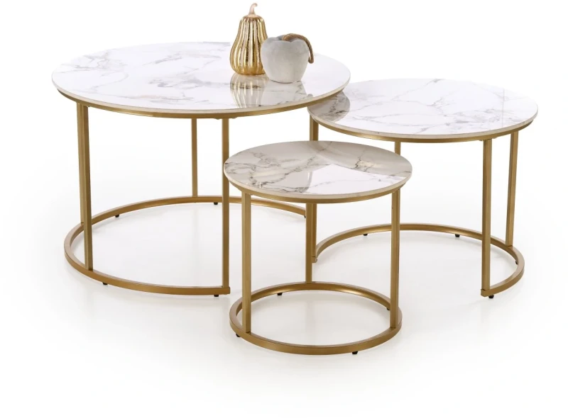 Zestaw 3 stolików kawowych Gilda okrągłe w stylu glamour biały marmur/złoty
