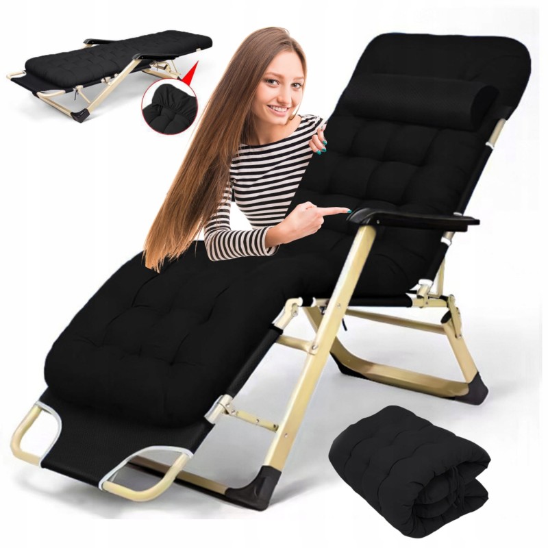 Leżak ogrodowy Libretto rozkładany plażowy z miękką poduszką czarny na  złotym stelażu