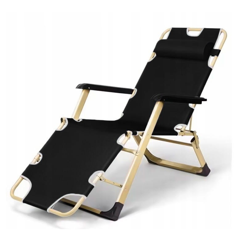 Leżak ogrodowy Libretto rozkładany plażowy z miękką poduszką czarny na  złotym stelażu