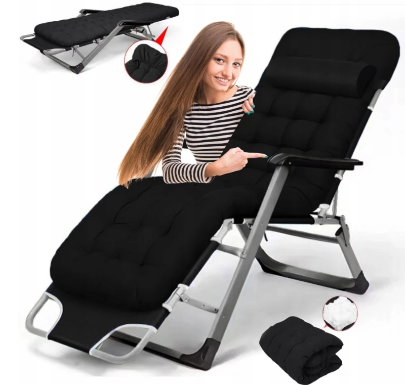 Leżak ogrodowy Libretto rozkładany plażowy z miękką poduszką czarny na szarym stelażu