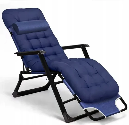Leżak ogrodowy Libretto rozkładany plażowy z miękką poduszką niebieski na czarnym stelażu