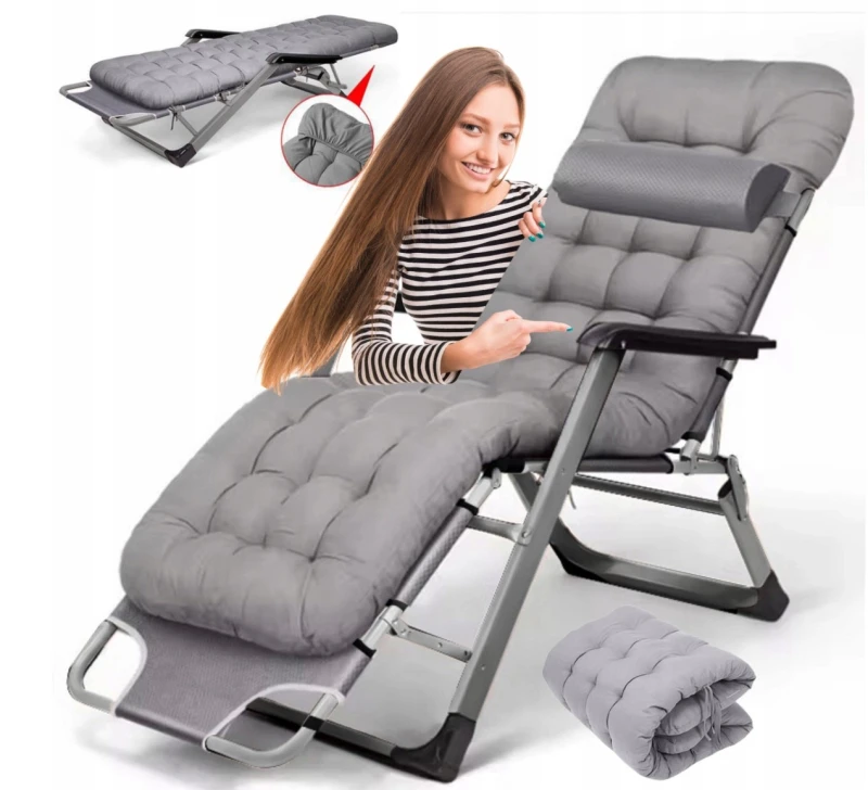 Leżak ogrodowy Libretto rozkładany plażowy z miękką poduszką szary na szarym stelażu