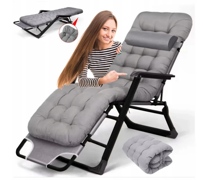 Leżak ogrodowy Libretto rozkładany plażowy z miękką poduszką szary na czarnym stelażu