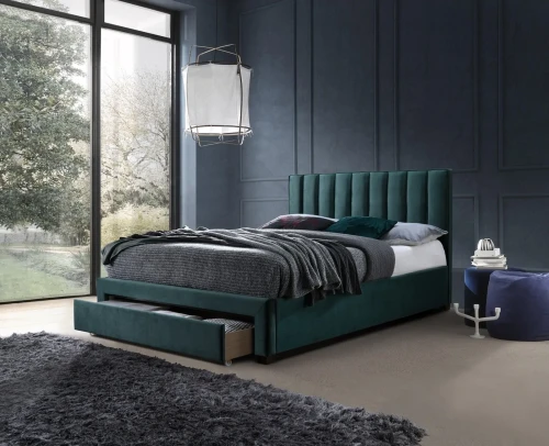Łóżko tapicerowane Grace z szufladami do sypialni 140x200 cm ciemny zielony