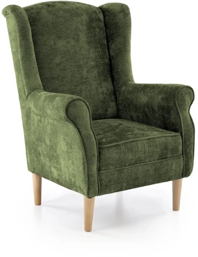 Fotel wypoczynkowy Hermes tapicerowany klasyczny na drewnianych nóżkach do salonu oliwkowy