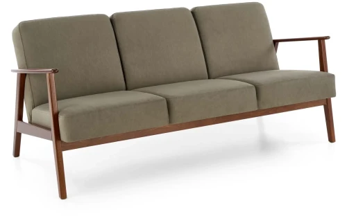 Sofa tapicerowana Milano trzyosobowa drewniany stelaż do salonu oliwkowy/ciemny orzech