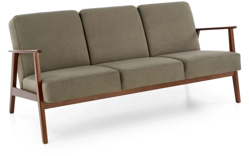 Sofa tapicerowana Milano trzyosobowa drewniany stelaż do salonu oliwkowy/ciemny orzech