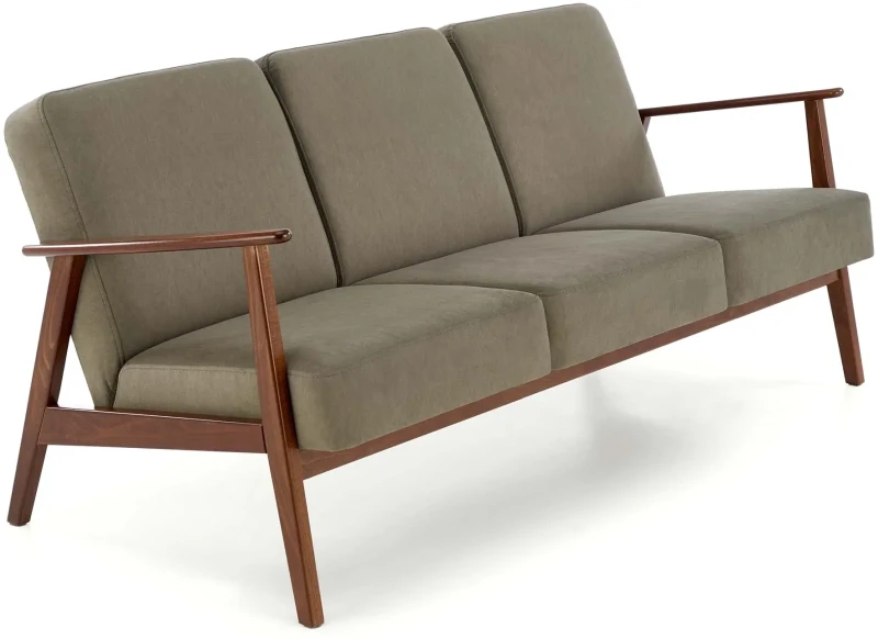 Sofa tapicerowana Milano trzyosobowa drewniany stelaż do salonu oliwkowy/ciemny orzech