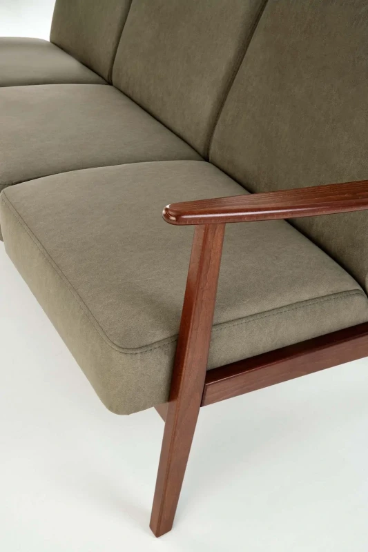 Sofa tapicerowana Milano trzyosobowa drewniany stelaż do salonu oliwkowy/ciemny orzech
