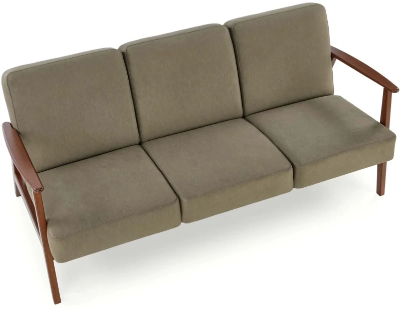 Sofa tapicerowana Milano trzyosobowa drewniany stelaż do salonu oliwkowy/ciemny orzech