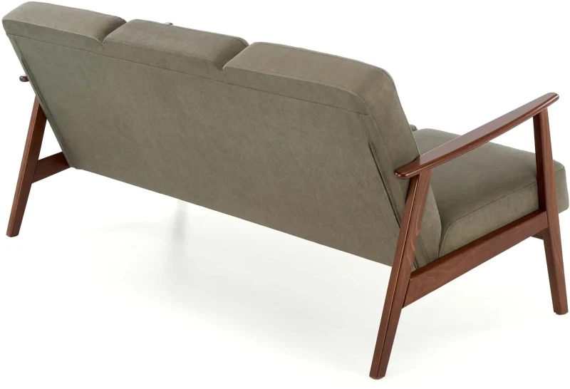 Sofa tapicerowana Milano trzyosobowa drewniany stelaż do salonu oliwkowy/ciemny orzech