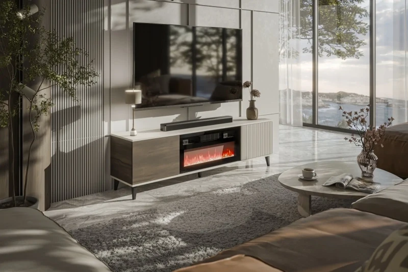 Szafka RTV Random 2 z kominkiem do salonu 180 cm kaszmir/orzech