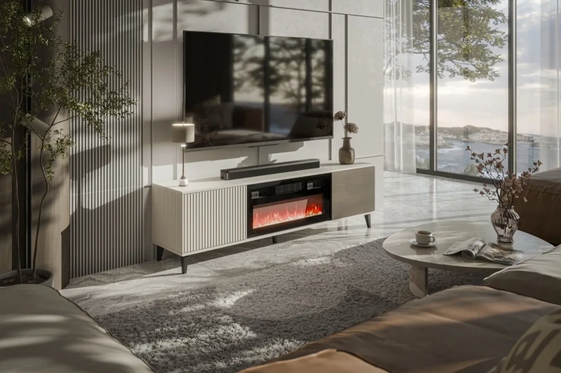 Szafka RTV Random 2 z kominkiem do salonu 180 cm kaszmir/orzech