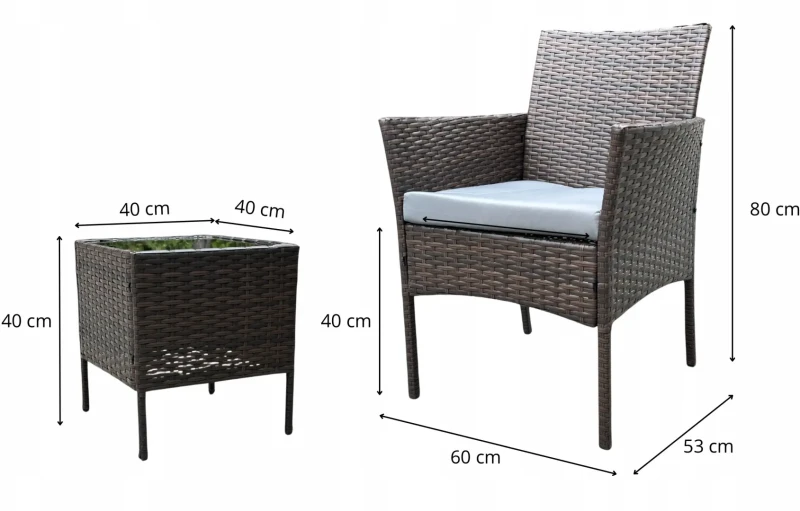Zestaw mebli ogrodowych z technorattanu Dwa fotele + stolik - wymiary