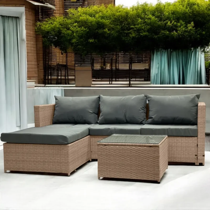 Narożnik ogrodowy z technorattanu dwustronny Ricoco + stolik Naturalny