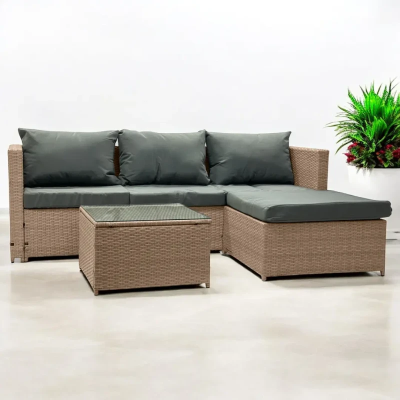 Narożnik ogrodowy z technorattanu dwustronny Ricoco + stolik Naturalny