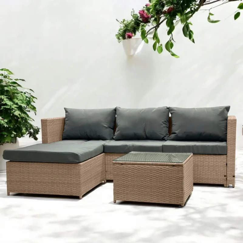 Narożnik ogrodowy z technorattanu dwustronny Ricoco + stolik Naturalny