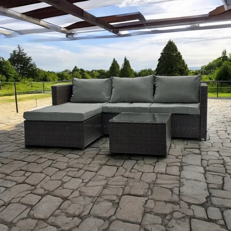 Narożnik ogrodowy z technorattanu dwustronny Ricoco + stolik Brąz