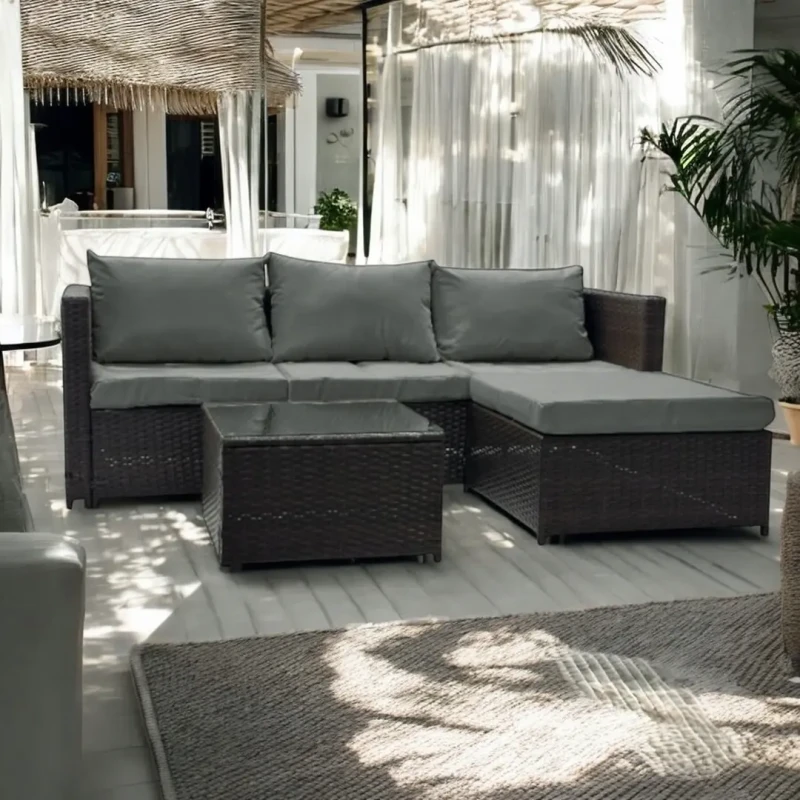 Narożnik ogrodowy z technorattanu dwustronny Ricoco + stolik Brąz