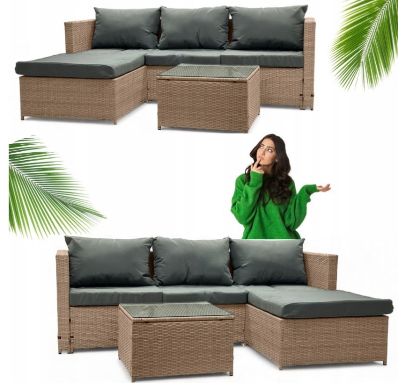 Narożnik ogrodowy z technorattanu dwustronny Ricoco + stolik Naturalny