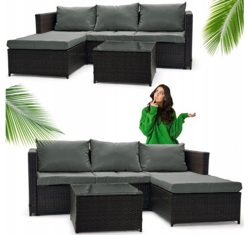 Narożnik ogrodowy z technorattanu dwustronny Ricoco + stolik Brąz