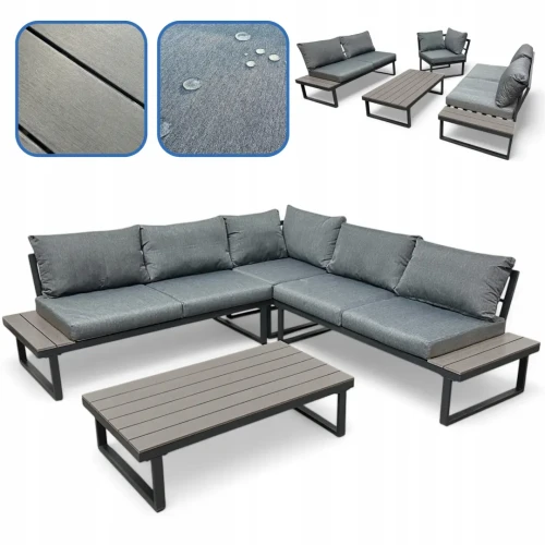 Narożnik ogrodowy Poliwood II z poduszkami + Stolik Szary