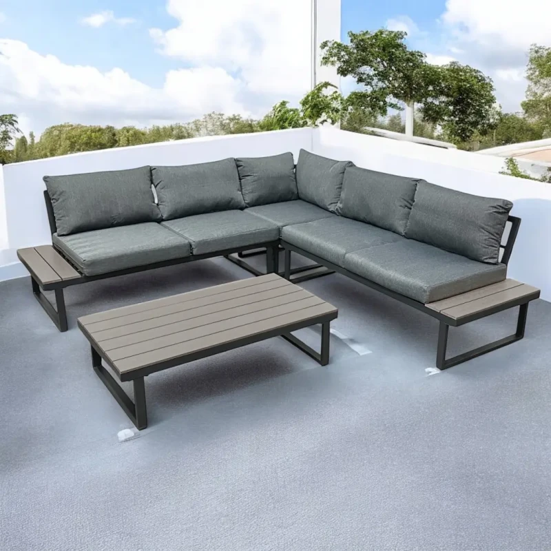 Narożnik ogrodowy Poliwood II z poduszkami + Stolik Szary