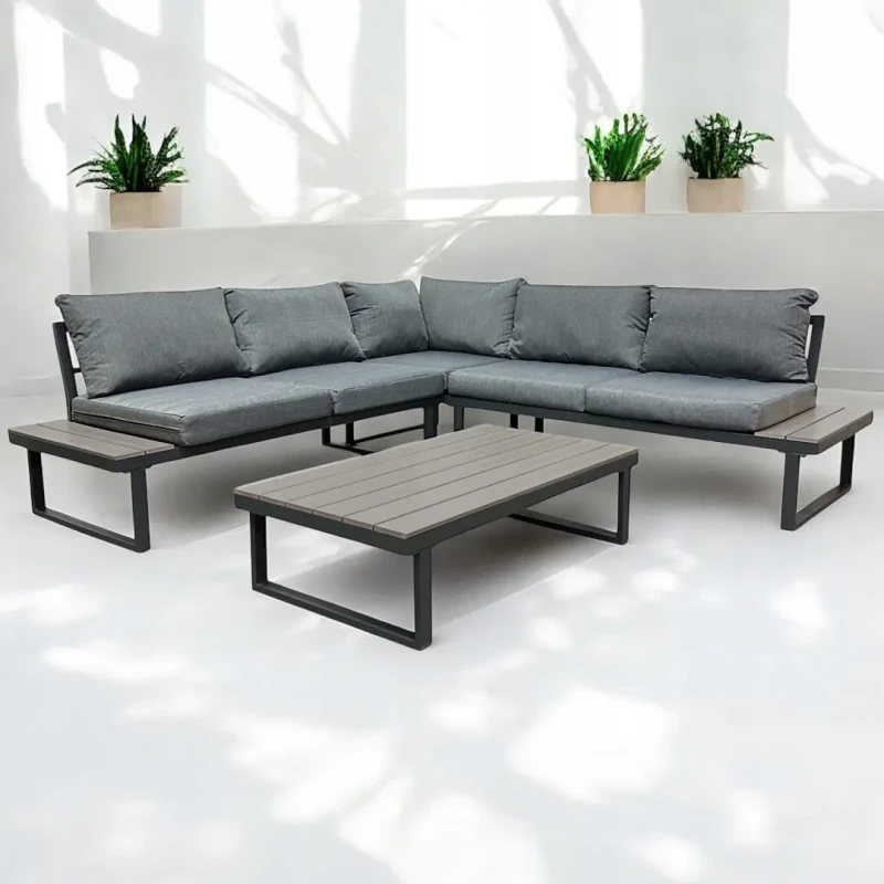 Narożnik ogrodowy Poliwood II z poduszkami + Stolik Szary