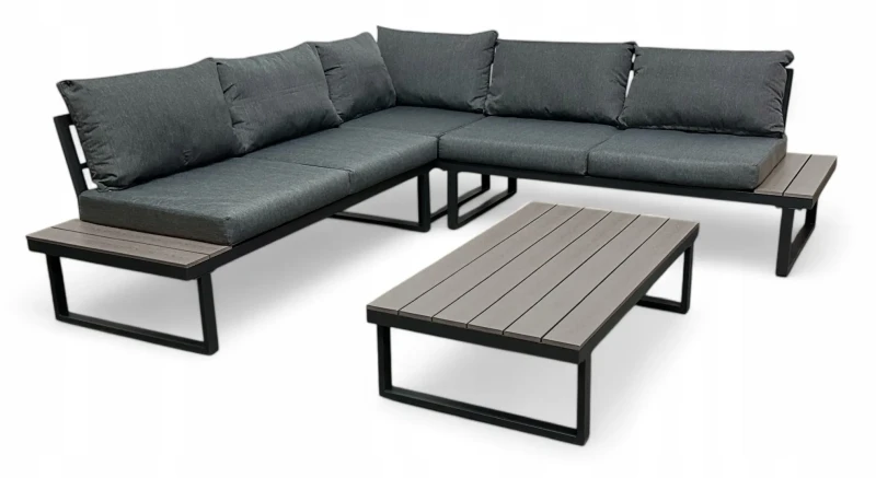 Narożnik ogrodowy Poliwood II z poduszkami + Stolik Szary