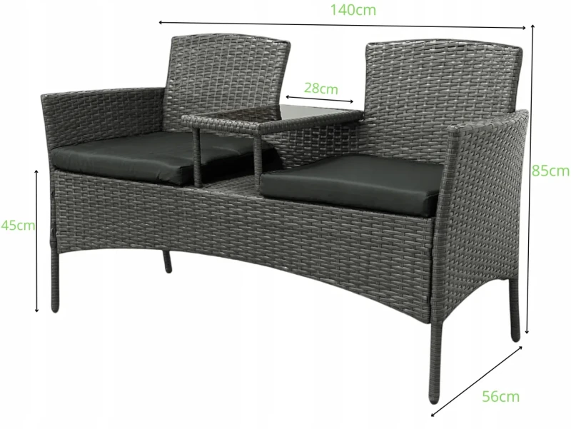 Zestaw mebli ogrodowych Twins z technorattanu sofa dwuosobowa + stolik  - wymiary