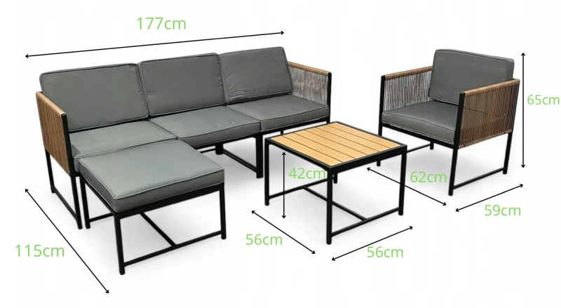 Zestaw ogrodowy Oasis narożnik + fotel i stolik Brąz jasny - wymiary