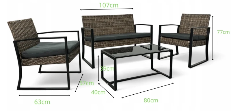 Zestaw mebli ogrodowych z technorattanu - wymiary