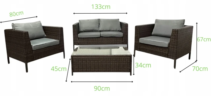 Zestaw mebli ogrodowych z technorattanu Botanica - wymiary