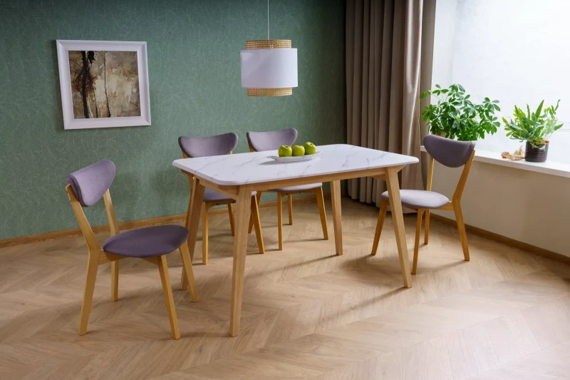 Stół prostokątny Marcus na drewnianych nogach do jadalni 120 cm biały efekt marmuru/dąb