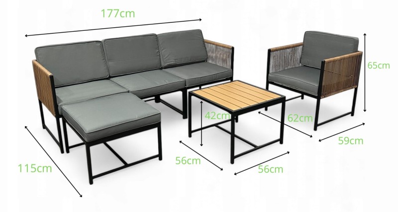 Zestaw mebli ogrodowych Oasis narożnik + fotel i stolik - wymiary